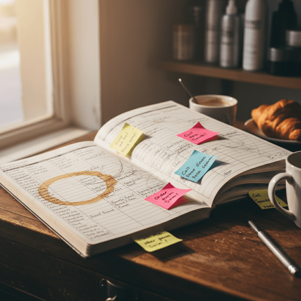 Zeszyt z terminami zalany kawą